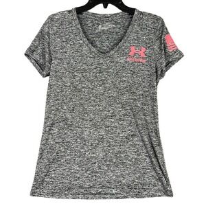 Under Armour Freedom V Neck T Shirt Gray Space Dye Pink Logo Flag SM Womens‎